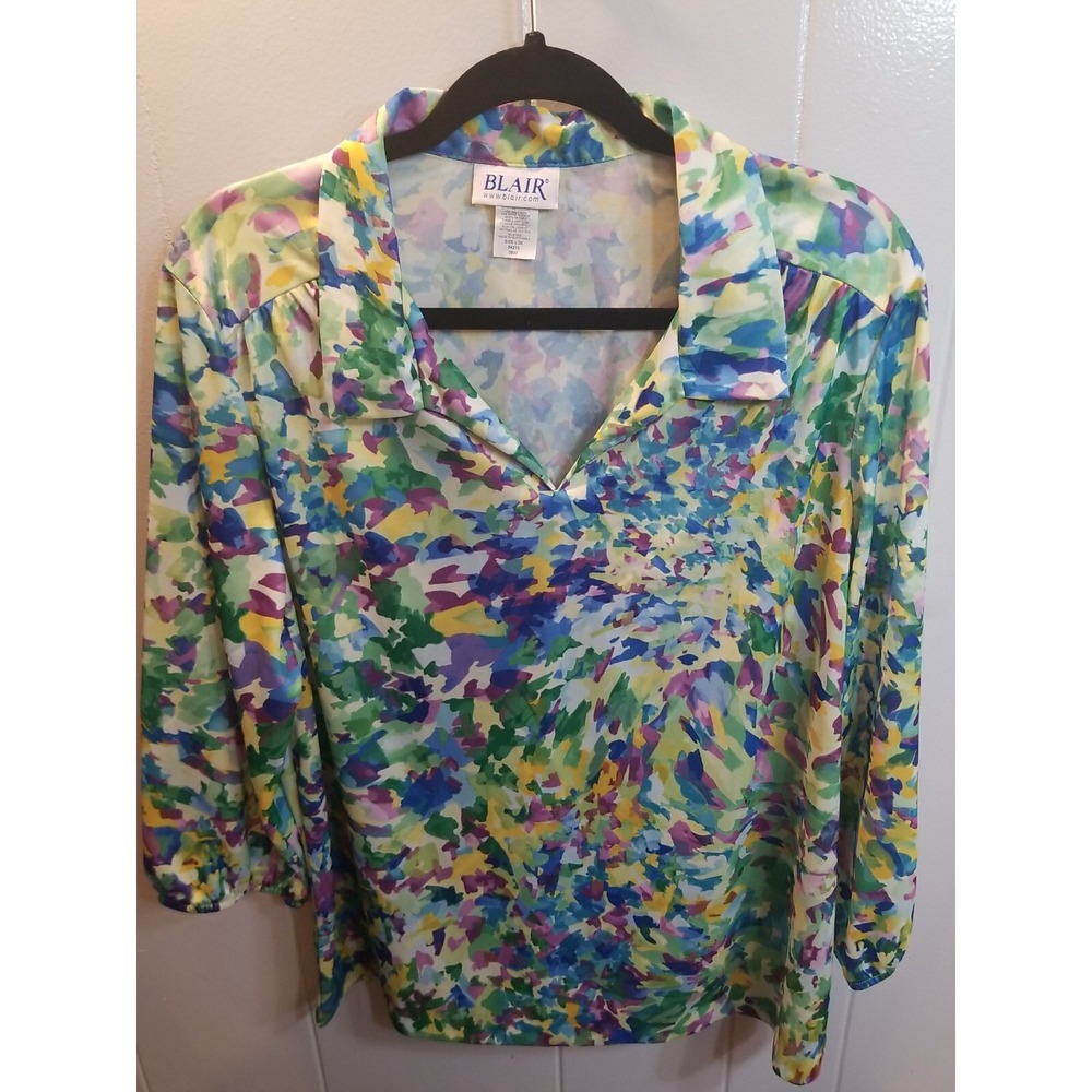 Vintage Blair Water Color Pullover Womans L Collared  Blouse Classic Artsy